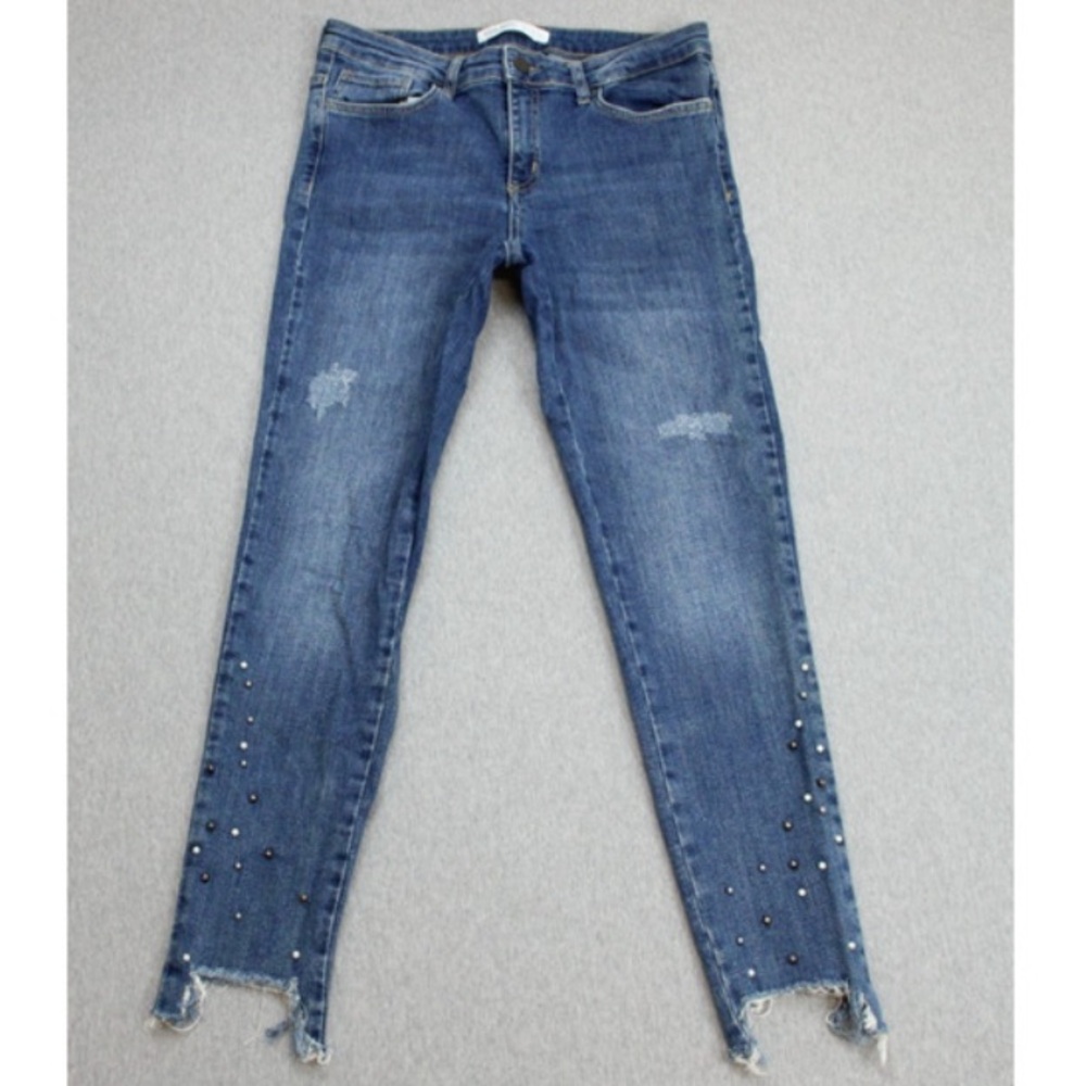 Zara Jeans Women's Size 8 Blue Beaded Skinny Distressed Mid Rise